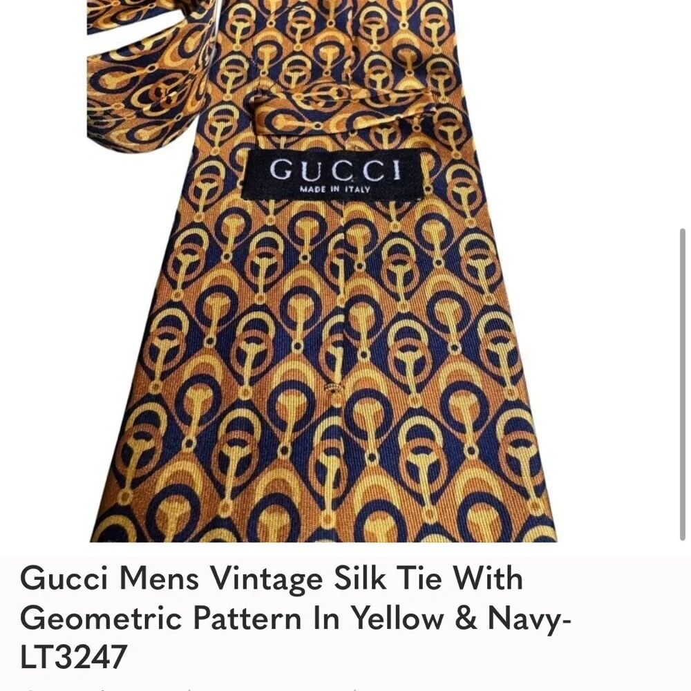 Gucci Mens Vintage Silk Tie With Geometric Pattern In Yellow & Navy- - Picture 4 of 4